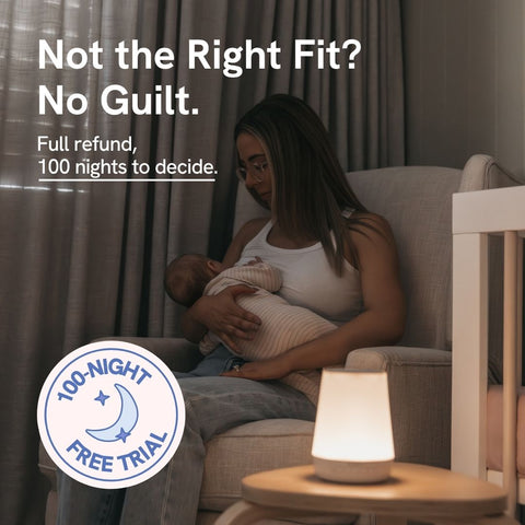 “Parent holding a baby beside a Nodiee sleep machine, with a 100-night free trial and full-refund message.