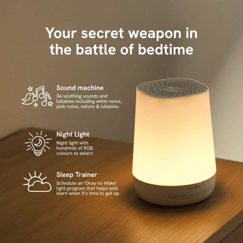 Glowing Nodiee sleep machine with sound machine, night light and sleep trainer features highlighted
