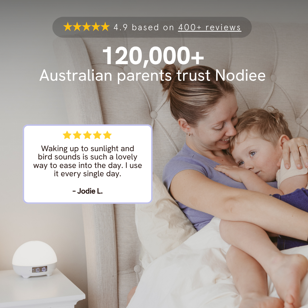 A promotional graphic for Nodiee baby sleep training, featuring a mother and child in bed with a Nodiee alarm clock on a bedside table. The graphic includes text overlays stating '120,000+ Australian parents trust Nodiee', a five-star rating.